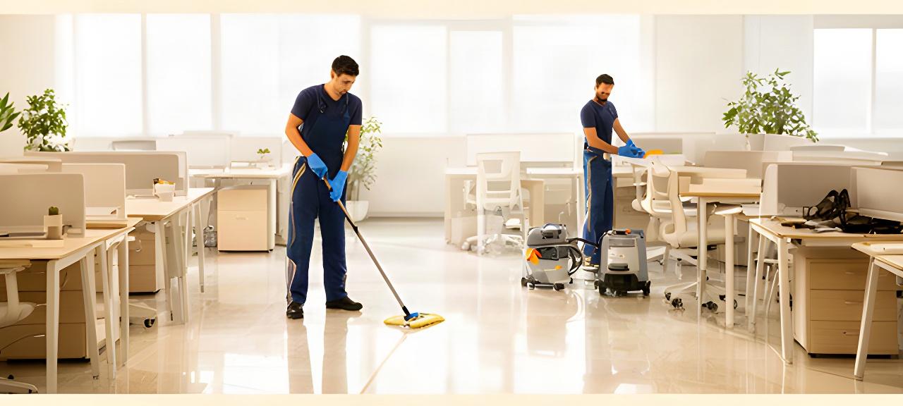 Cleaning team preparing a bright commercial office with polished floors and organized workstations