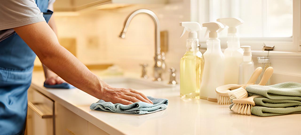 Cleaning professional wiping a bright kitchen counter beside organized supplies in a West Norriton home